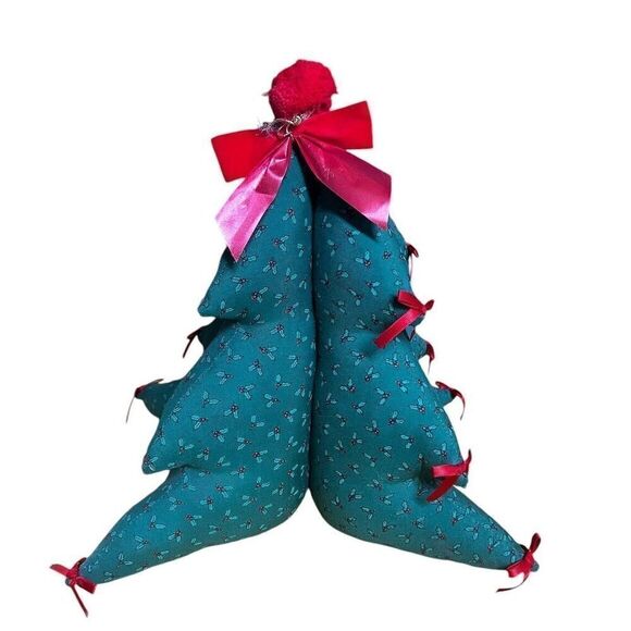 Vintage 3D Stuffed Fabric Christmas Tree Greem Floral Handmade Table Decor - Picture 1 of 6